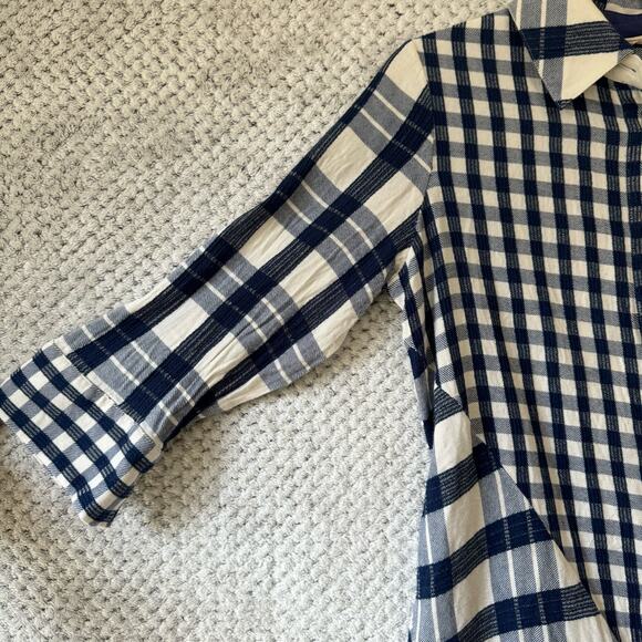 Soft Surroundings Top XS Blue White Plaid Huntleigh Button Down 3/4 Sleeves - Picture 3 of 11